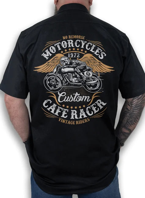 Camisa Workshirt Preta Mecânico Motorcycles Cafe Racer Vintage Riders No Remorse